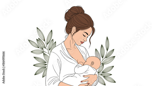 Tender illustration of a loving mother with her hair in a bun breastfeeding her newborn baby, framed by green leaves.