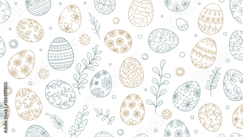 Seamless Easter pattern with delicately decorated eggs and floral elements in a stitched line art style on a white background.