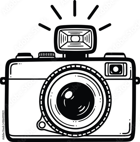 Hand drawn vintage camera with flash firing illustration on white background