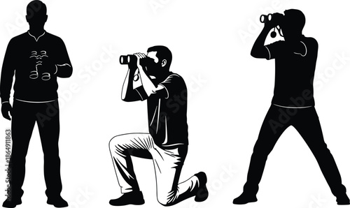People silhouettes using binoculars, surveillance observation concept, security spying activity, watching search mission, black vector illustration isolated white background