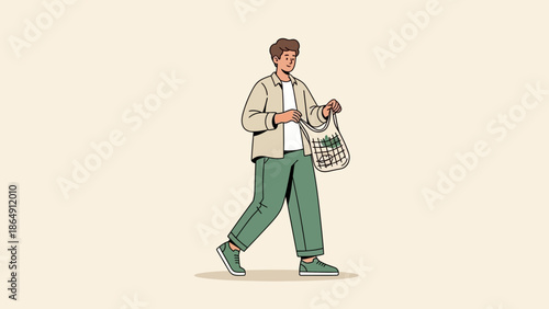 Casual young man shopping with reusable cloth bag in a minimalist illustration