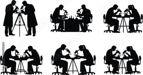 Scientists silhouettes working with microscopes, laboratory research teamwork, scientific experiment scenes, biology chemistry medicine, black vector illustration isolated white background