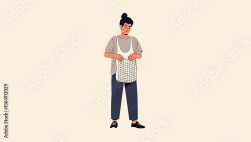 Young woman patiently knitting a reusable mesh shopping bag in a minimalist illustration scene