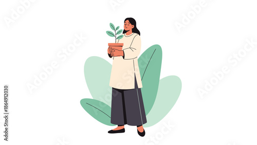 Minimalist Illustration of a Woman Holding a Potted Plant with Green Leaves and Abstract Foliage