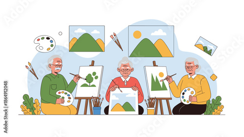 Group of happy senior citizens enjoying a creative painting class together, working on landscape canvases with easels.