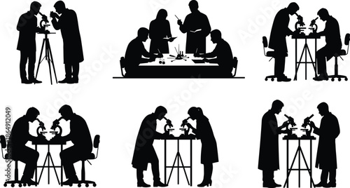 Scientists silhouettes, working with microscopes, laboratory research teamwork, scientific experiment concept, medical biology chemistry, black vector illustration isolated white background