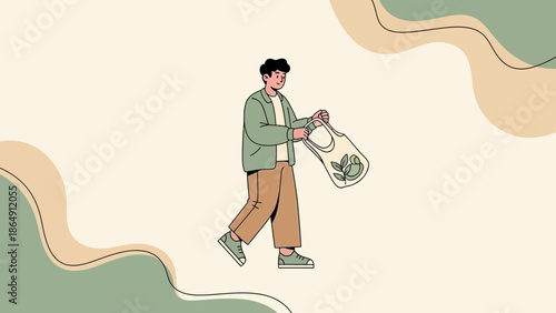 Young man carrying a paper bag with plants on a minimalistic background in an illustration style