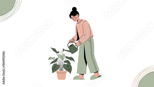 Young woman watering a potted indoor plant in a minimalistic modern interior scene