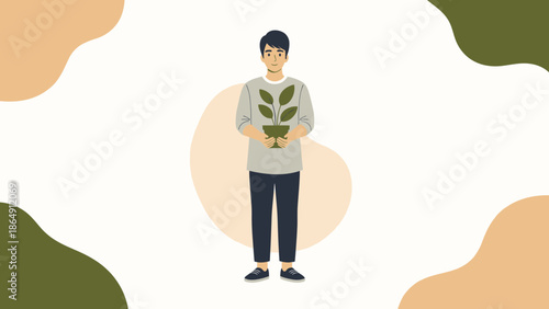 Young man holding potted plant surrounded by abstract shapes representing nature and growth
