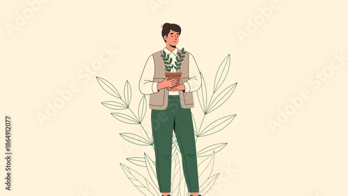Illustration of a young woman holding a potted plant surrounded by minimalist leaf designs