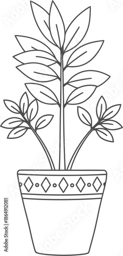 Simple outline drawing of a potted plant with decorative pot