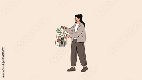 Minimalist Illustration of a Woman Holding a Reusable Shopping Bag with Greenery