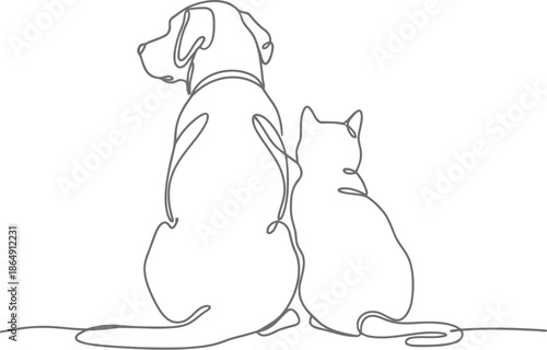 Simple line drawing of a dog and cat sitting together back to back