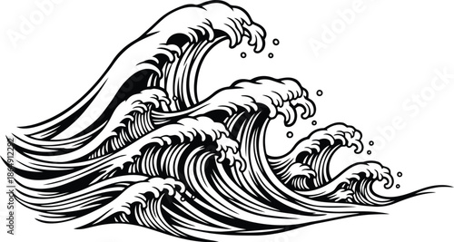 Dynamic black and white illustration of crashing ocean waves in japanese style