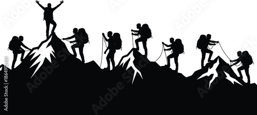 Mountain climbing team silhouette reaching summit success, hikers teamwork adventure concept, leadership achievement journey, black vector illustration isolated