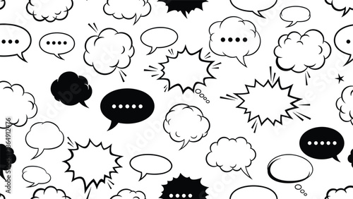 Seamless black and white pattern of various hand-drawn comic book speech bubbles, thought clouds, and explosion shapes.
