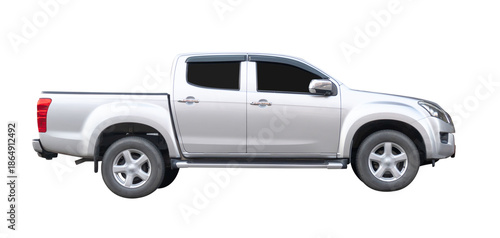 Right side view of clean silver pickup truck isolated on white background with clipping path