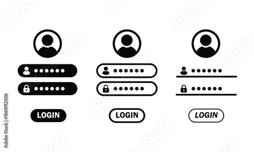 Login and Password Form UI Icons Set. Modern User Interface, Authentication, and Access Vector Elements