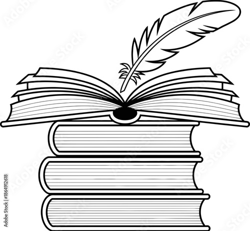 Open Book with Feather Pen Illustration