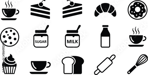 Minimalist black and white food and bakery icon set with coffee dessert kitchen symbols, modern flat vector illustration