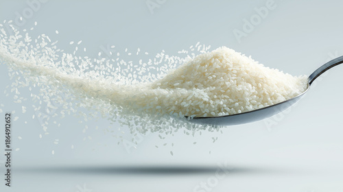 Rice scoop  raw white rice  falling motion
