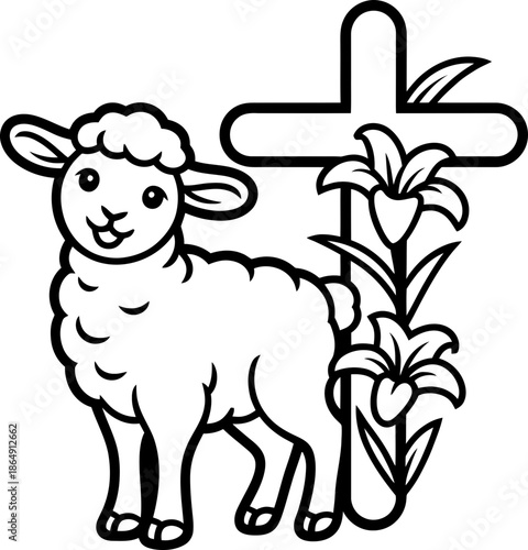 Black and White Lamb with Cross and Flower Illustration