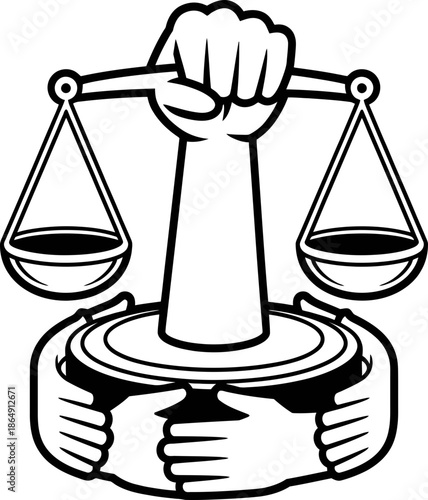 Black and White Justice Scales with Fist Illustration