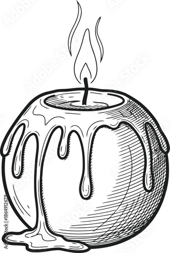 Hand drawn sketch of a round candle with dripping wax and a flame