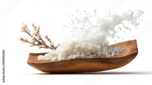 Rice scoop  raw white rice  falling motion
