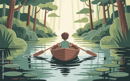 A serene canoeist paddles through a tranquil forest lake surrounded by lush greenery and vibrant foliage
