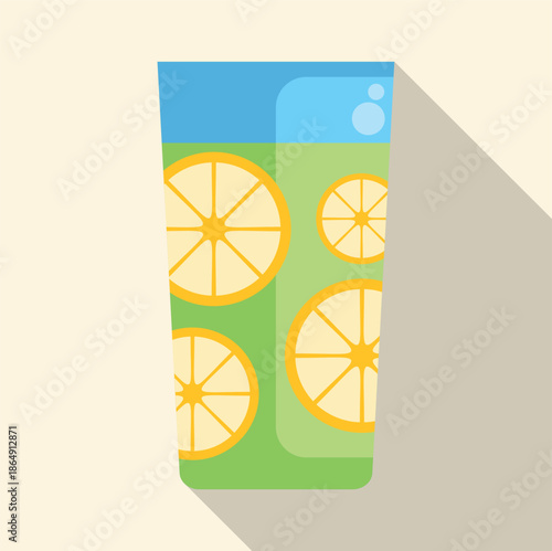 Lemonade in a tall glass with floating lemon slices in a flat design style