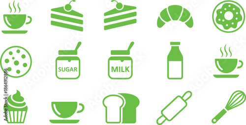 Minimalist black and white food and bakery icon set with coffee dessert kitchen symbols, modern flat vector illustration