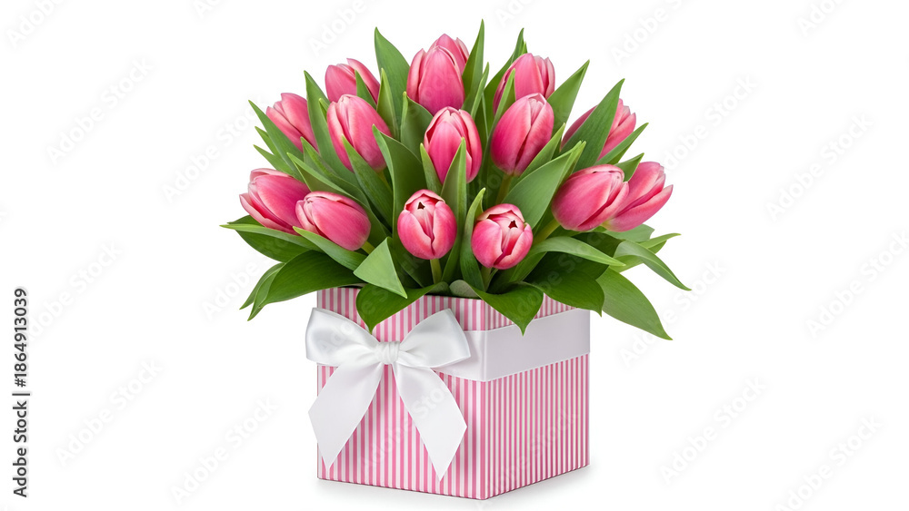 Obraz premium Elegant bouquet of pink tulips in a gift box for anniversary celebration or spring seasonal greeting