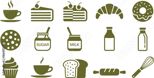 Minimalist black and white food and bakery icon set with coffee dessert kitchen symbols, modern flat vector illustration