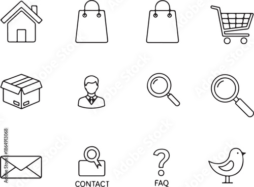A set of twelve minimalist e-commerce outline icons including a house, shopping bags, cart, delivery box, user profile, search tools, email, contact badge, FAQ, and a social bird icon.