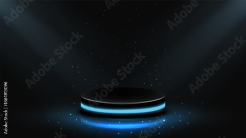 Abstract Futuristic Cylinder Podium with Blue Neon Glow Lights for Product Display Presentation background template 