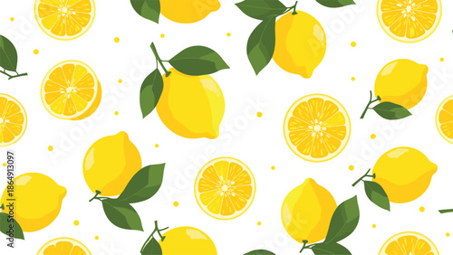 Seamless pattern of fresh yellow lemons, both whole and sliced, with green leaves on a cheerful white background.