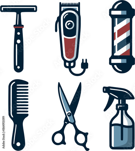 Professional barber shop and grooming icons. Flat vector set featuring razors, clippers, and barber pole symbols. High-quality navy and red graphics isolated on white background.
