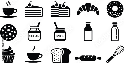 Minimalist black and white food and bakery icon set with coffee dessert kitchen symbols, modern flat vector illustration