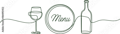 Minimalist continuous line art menu illustration with wine glass bottle and plate, elegant restaurant dining concept, modern outline design
