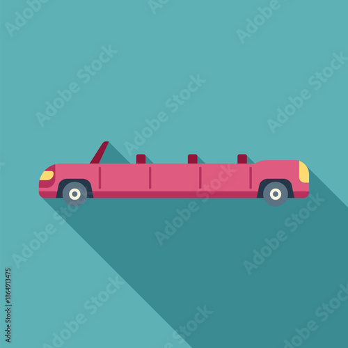 Pink stretch limousine convertible car vector icon with flat design and long shadow