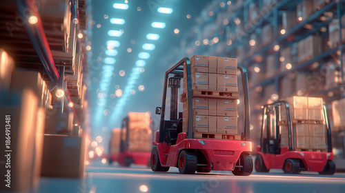 warehouse logistics center, toy-like forklifts moving boxes