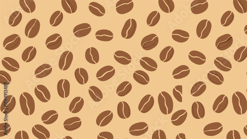 Seamless pattern of roasted coffee beans scattered across a light brown background, perfect for cafe and coffee shop themes.