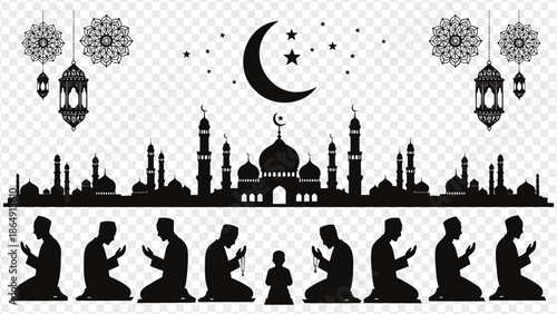 Ramadan mosque silhouette with people praying  Islamic architecture and culture