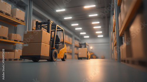 warehouse logistics center, toy-like forklifts moving boxes
