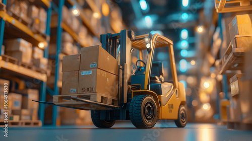 warehouse logistics center, toy-like forklifts moving boxes