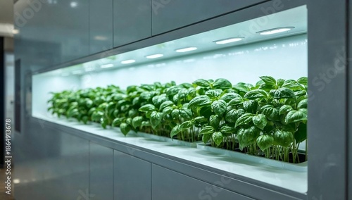 Wallpaper Mural A sleek, minimalist kitchen with a built-in glowing LED hydroponic herb garden. Commercial interior style, sharp focus on water droplets on basil leaves. Torontodigital.ca