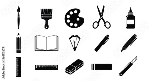 Collection of black and white silhouette icons representing various essential art and office supplies tools.