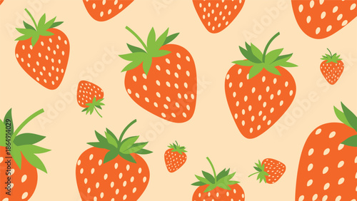 Cute and simple seamless pattern of vibrant red strawberries with green leaves on a light peach-colored background.