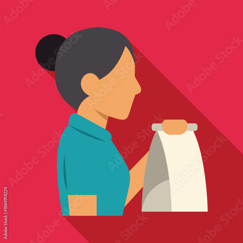 Woman holding a takeaway paper bag with food or groceries